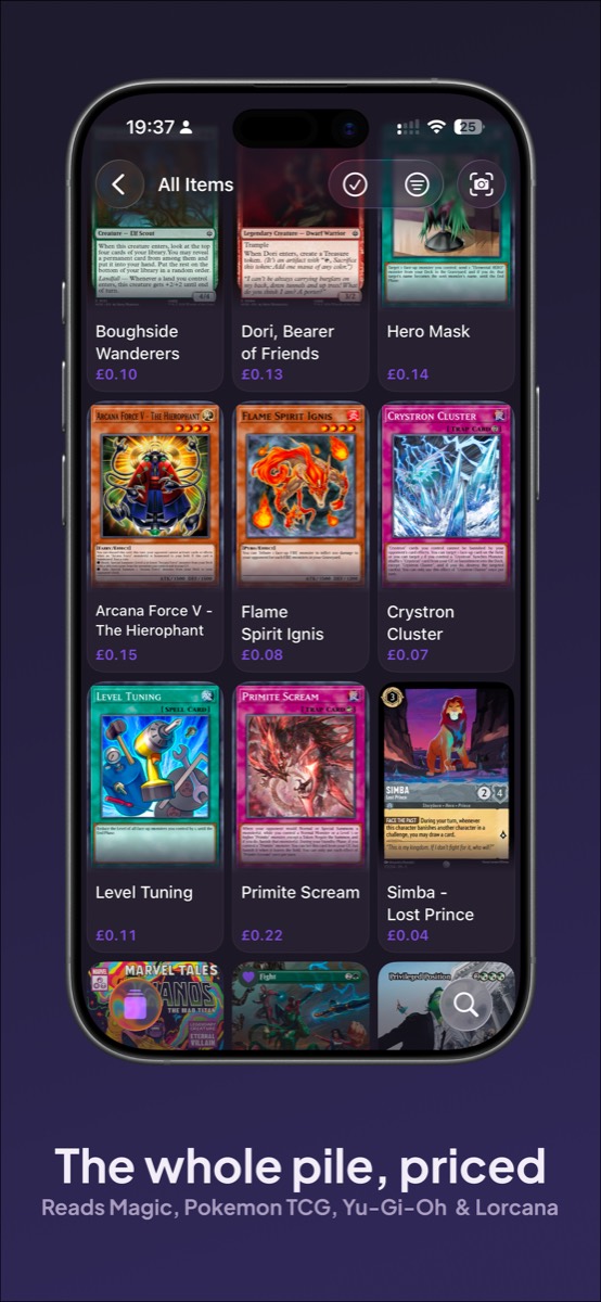 A grid of scanned Magic, Yu-Gi-Oh and Lorcana cards in Cube, each with a price. Caption: The whole pile, priced.