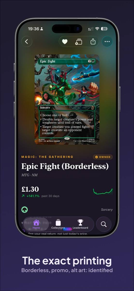 A borderless Magic card in Cube showing its exact printing and a price up 141 percent. Caption: The exact printing. Borderless, promo, alt art: identified.
