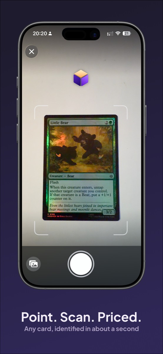 Scanning a foil Magic card with the Cube camera. Caption: Point. Scan. Priced. Any card, identified in about a second.